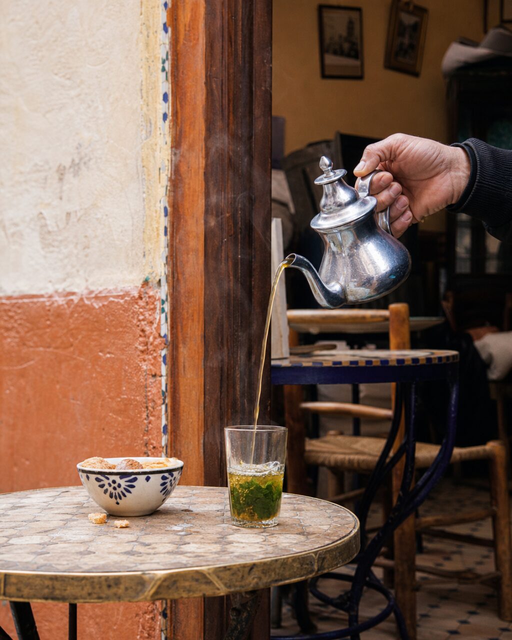Bernsteinfarbene Flüssigkeit im Glas mit grünen Blättern