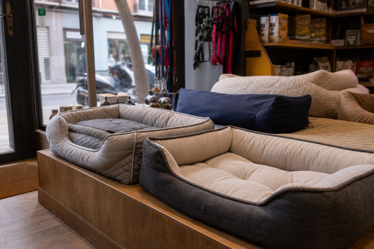 Cama para perro con cojín profundo y bordes suaves expuesta en tienda