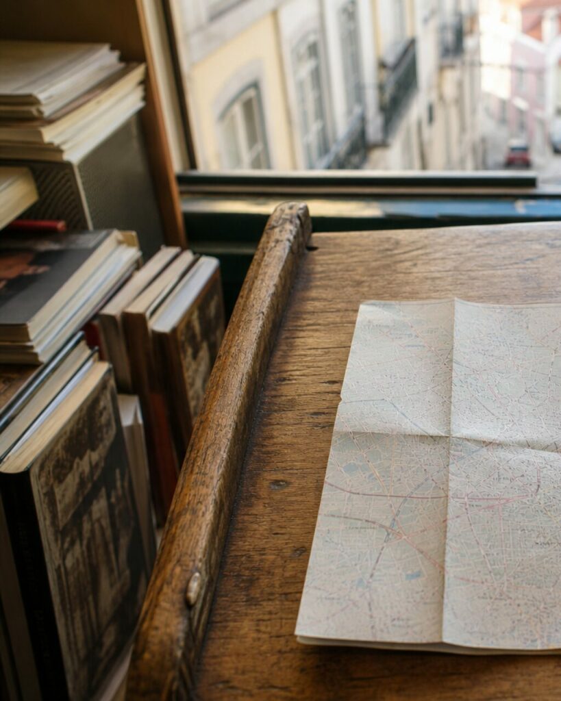 Livres et accoudoir de bois à côté d’une carte pliée