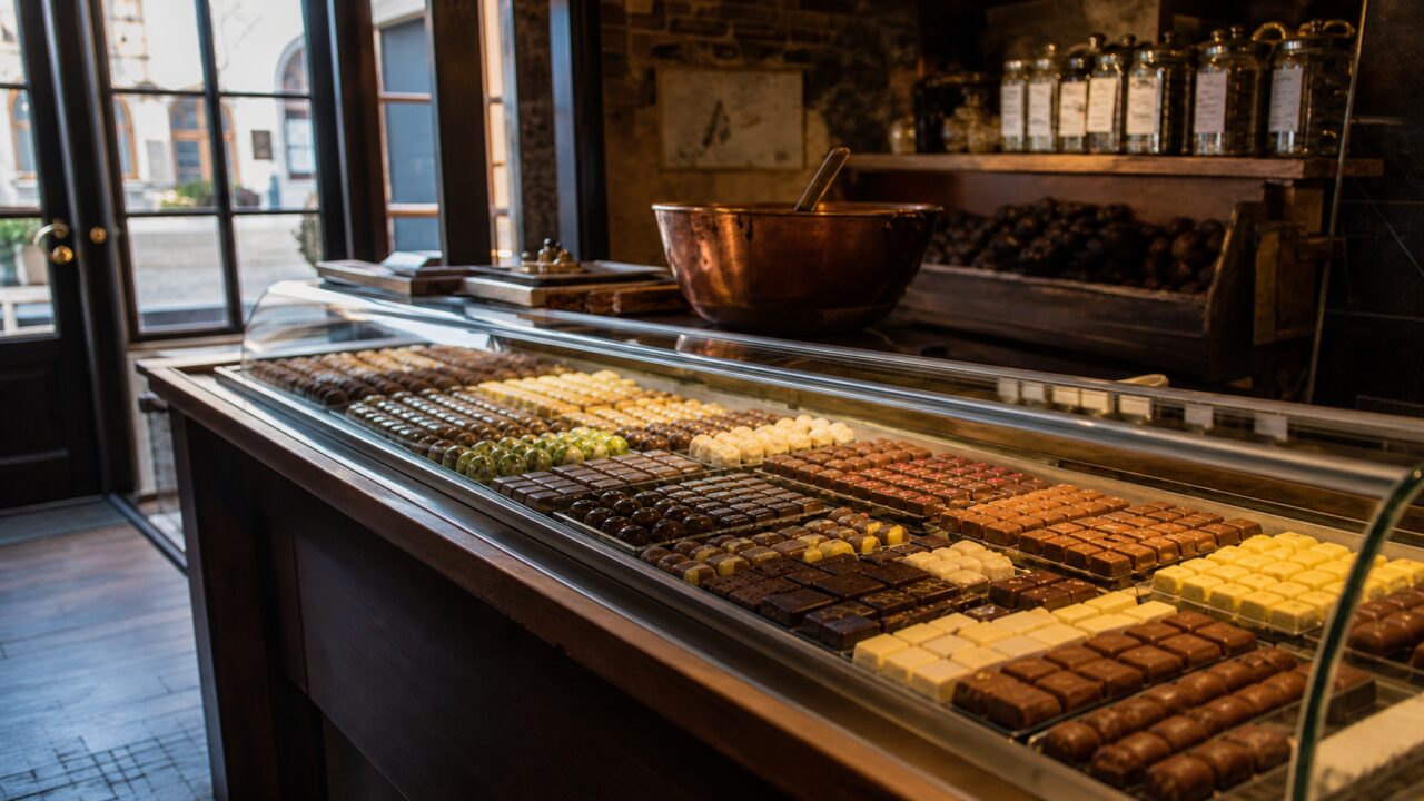 Lungo bancone di cioccolateria accanto a una porta a vetri