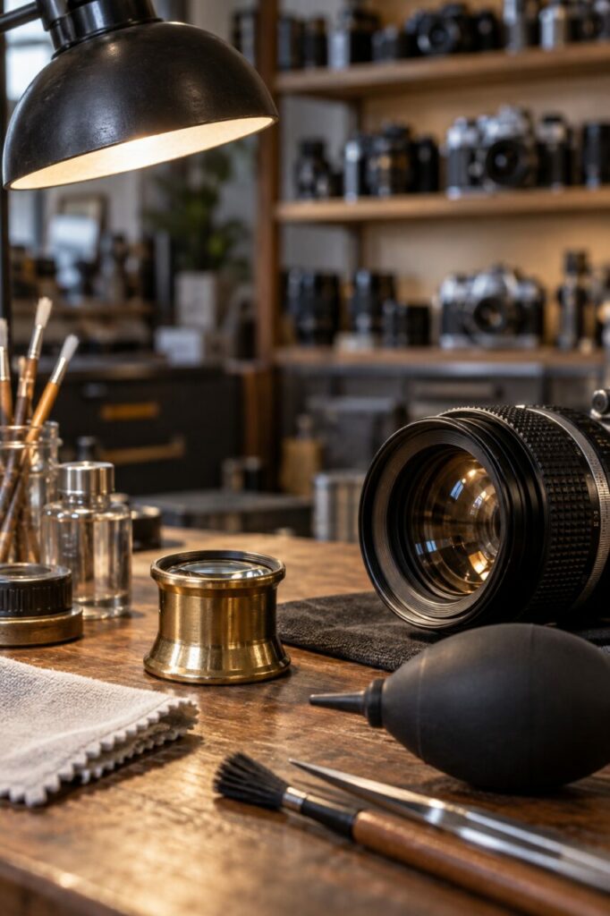 Loupe: Loupe et outils optiques près d’un objectif optique