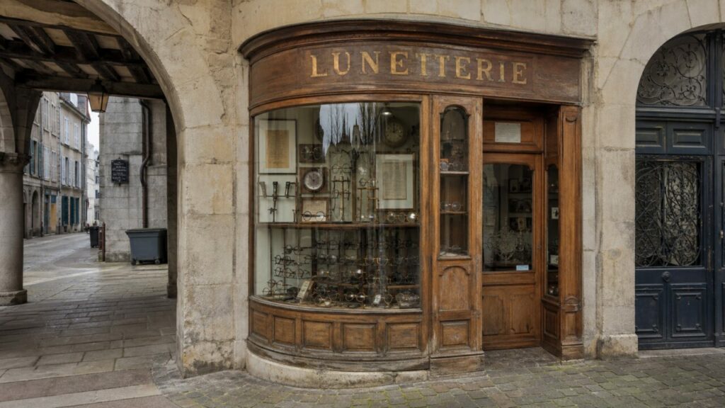 Lunetterie ancienne à Besançon, vitrine en bois et montures rétro sous les arcades
