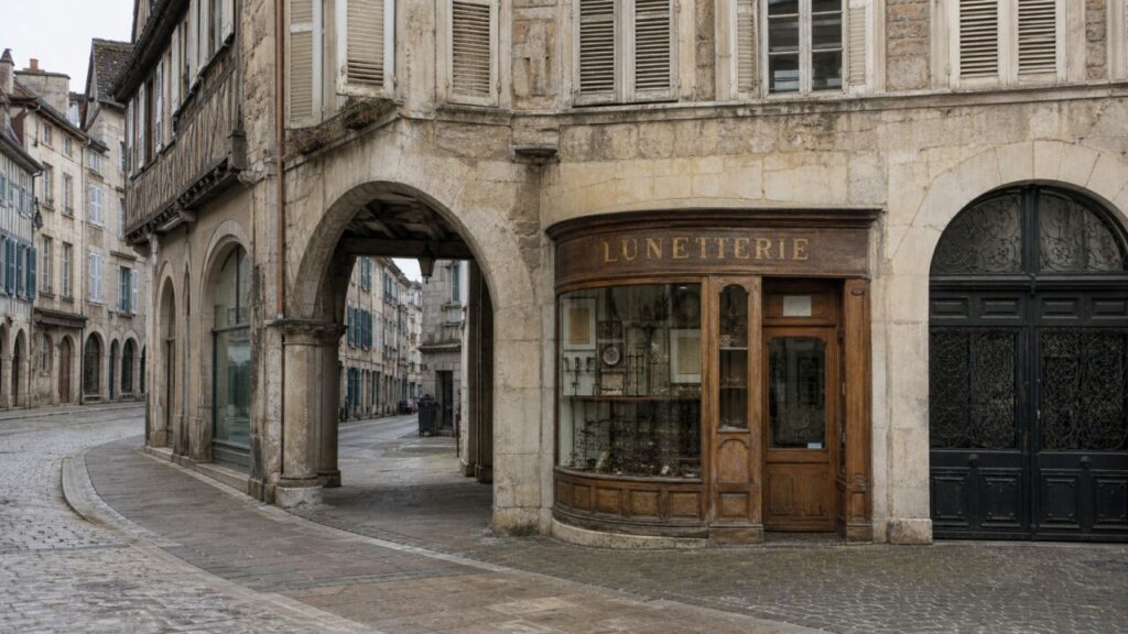 Lunetterie de Besançon dans une rue médiévale, montures anciennes et façades à colombages