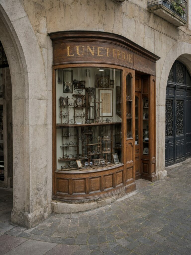 Lunetterie historique de Besançon, montures anciennes dans une vitrine cintrée en bois