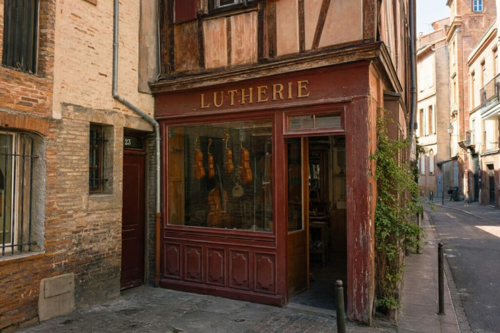 Lutherie ancienne à Toulouse, devanture en bois et violons exposés dans une rue historique