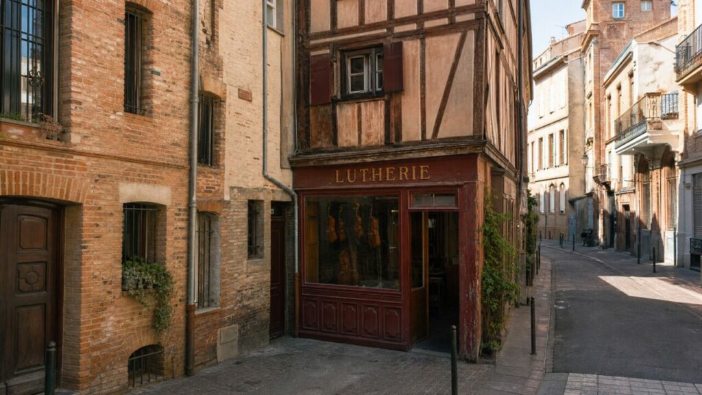 Lutherie de Toulouse au cœur d’une rue ancienne, façade en bois et violons en vitrine