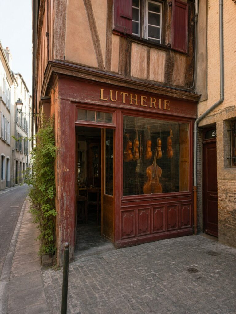 Lutherie rouge à Toulouse, enseigne LUTHERIE et violons visibles dans une façade à colombages