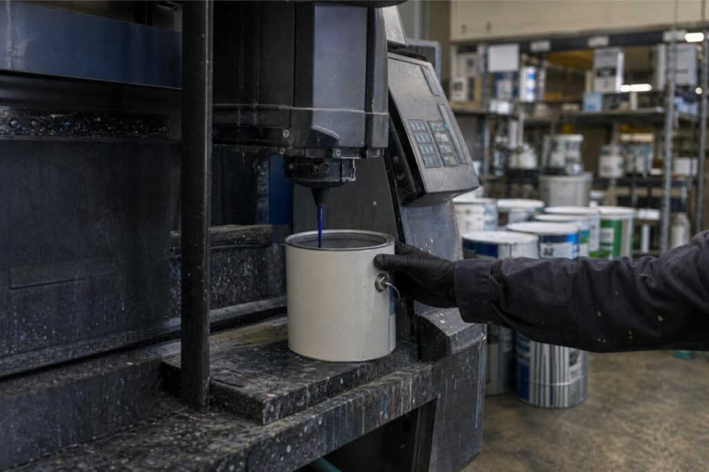 Machine de dosage devant des rayonnages de pots