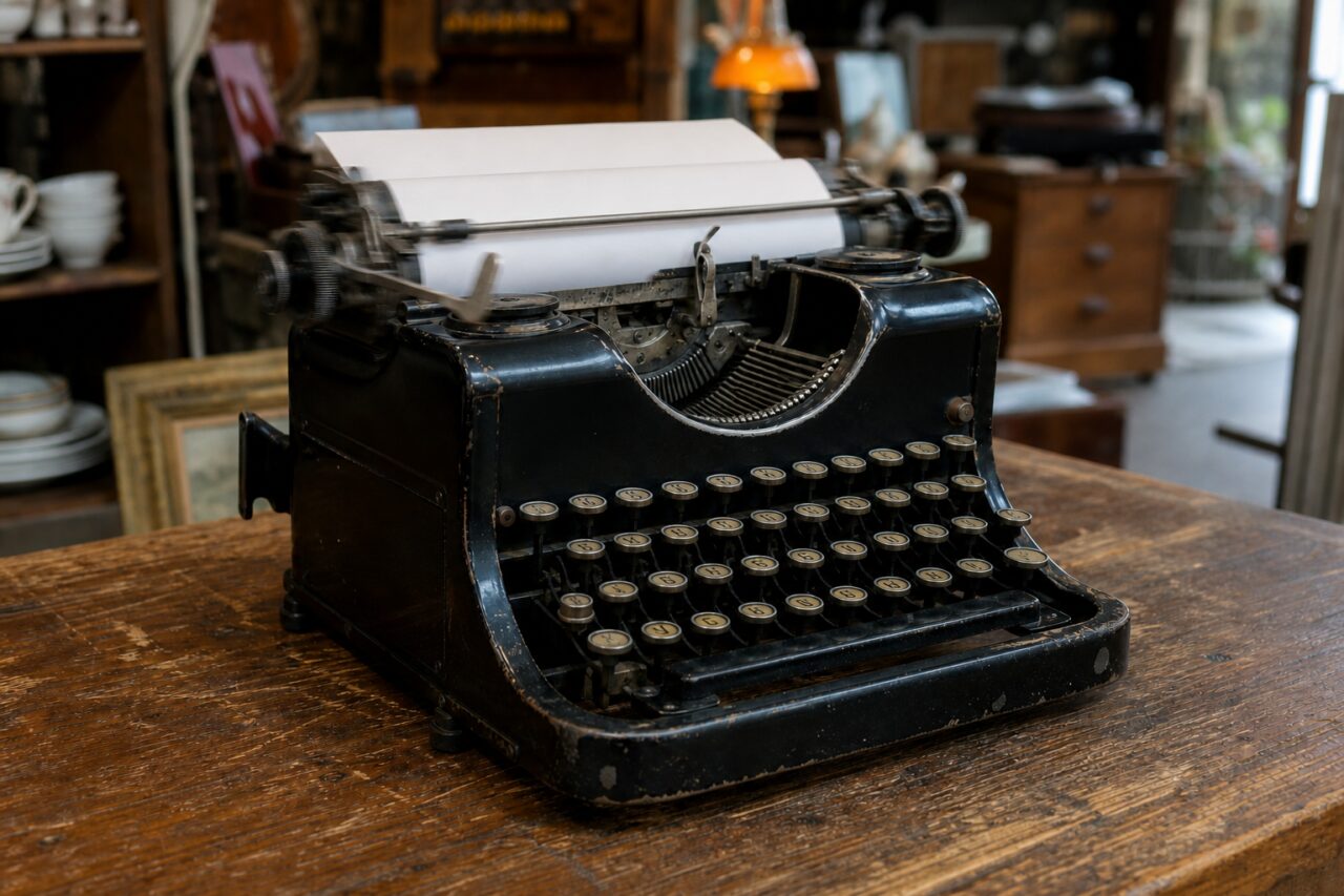 Black typewriter with white paper and motion blur around the carriage on a wooden table