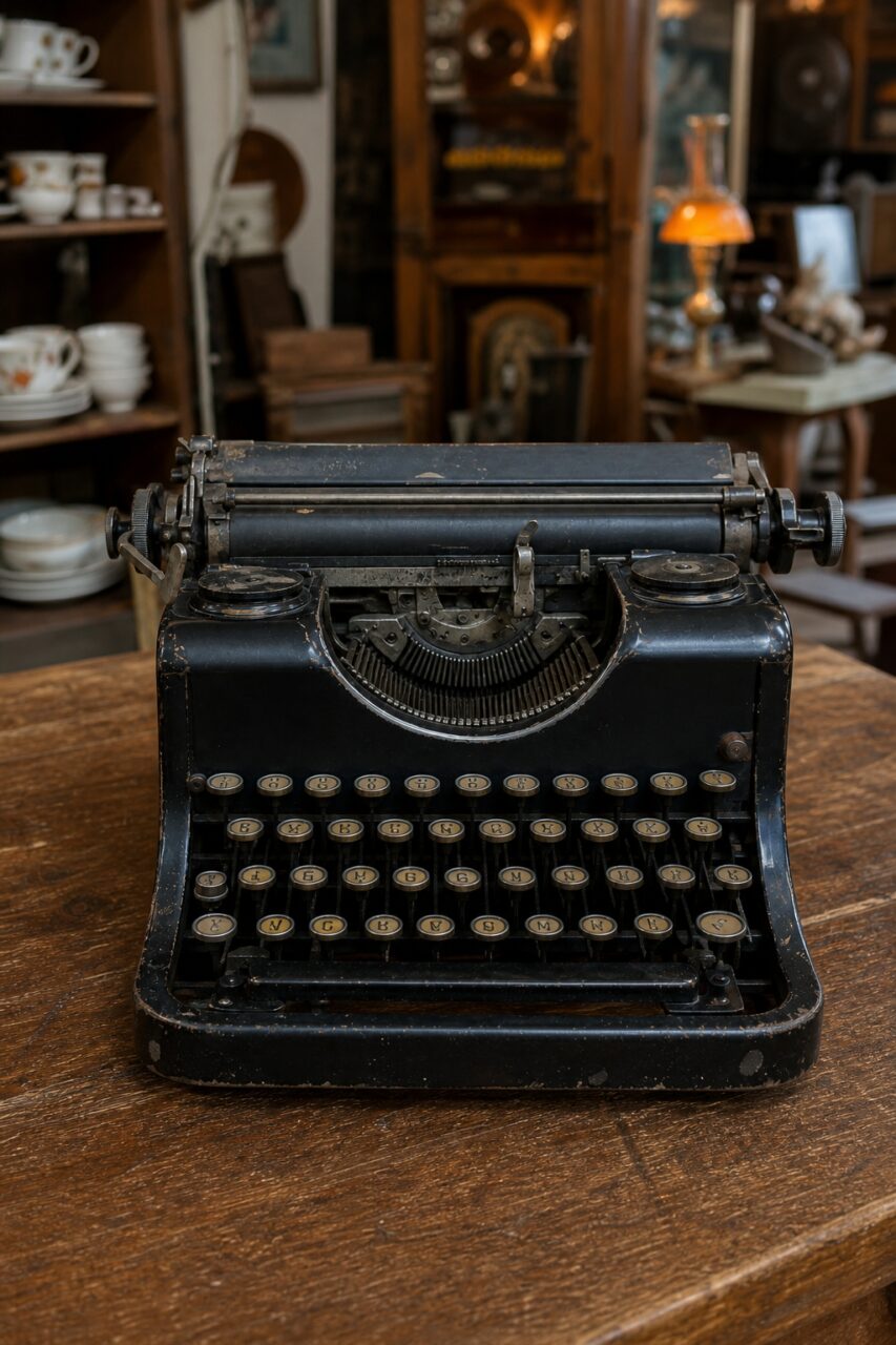 Front portrait of a black typewriter with Cyrillic keys and exposed platen