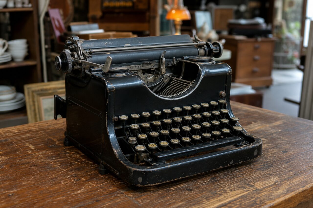 Black typewriter with Cyrillic keys on a wooden table inside an antique shop
