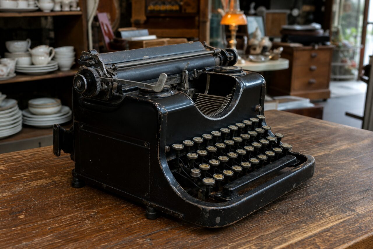 Vista lateral izquierda de una máquina de escribir negra con teclado cirílico sobre una mesa de madera