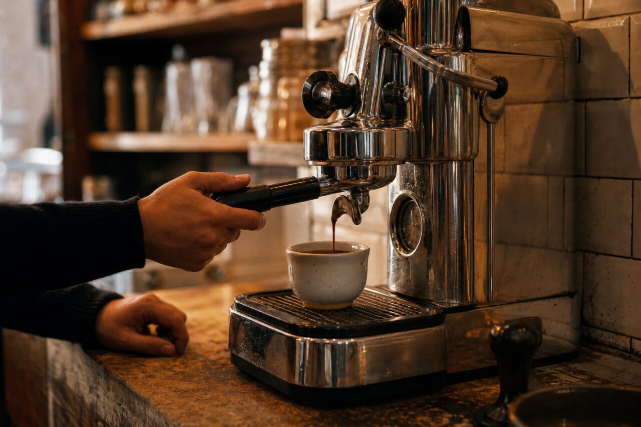 Chrome espresso machine pouring coffee into a ceramic cup behind the counter