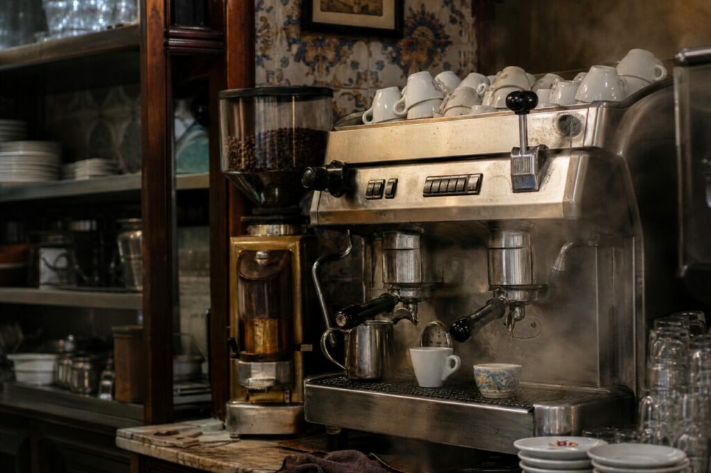 Cafetera expreso y molino en encuadre horizontal