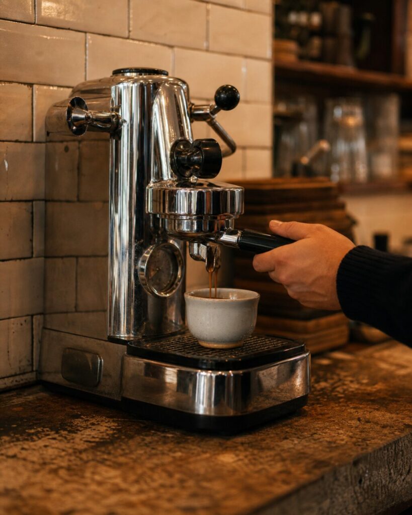Chromen espressomachine vult een kop op een betegelde toonbank in portretstand