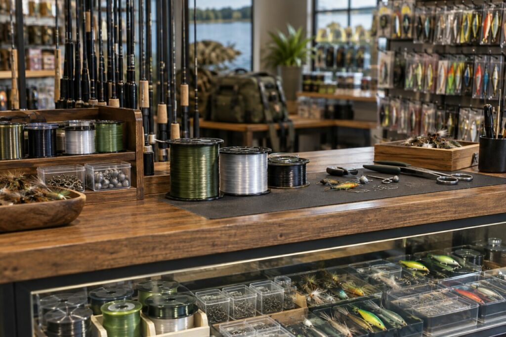Loja independente de artigos de pesca — at a counter with fishing lines