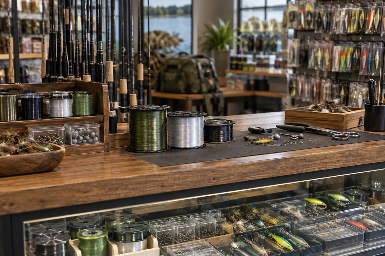 Tienda independiente de pesca — at a counter with fishing lines