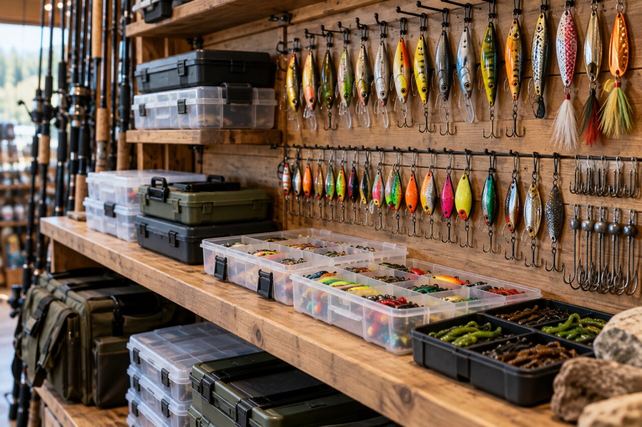 Independent fishing tackle shop — displaying tackle boxes and lures