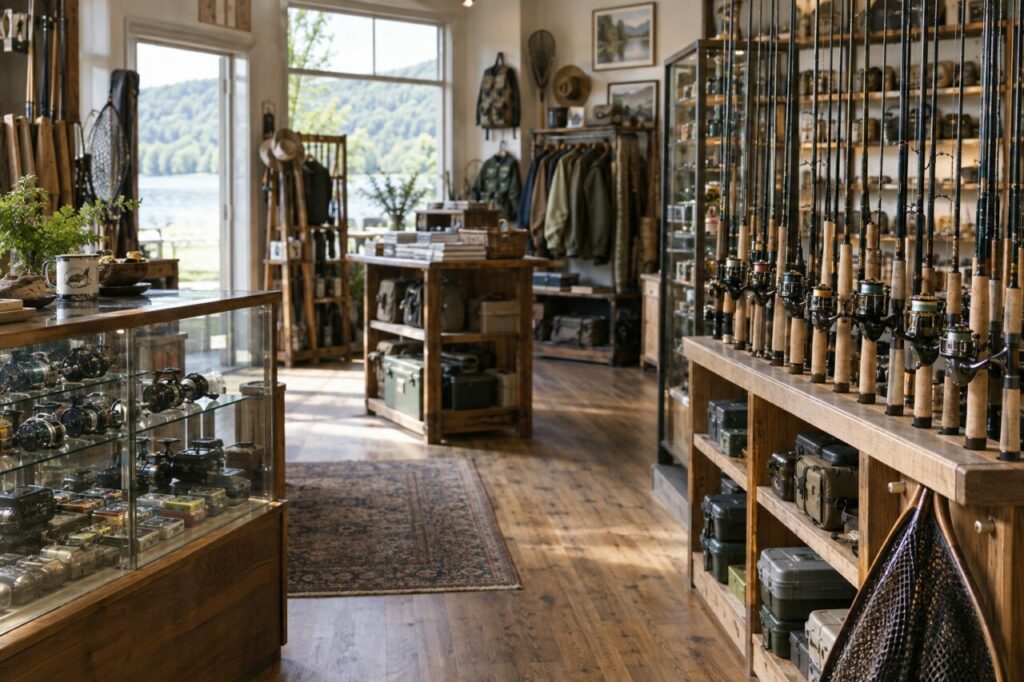 Magasin d’articles de pêche — inside a bright independent angling shop
