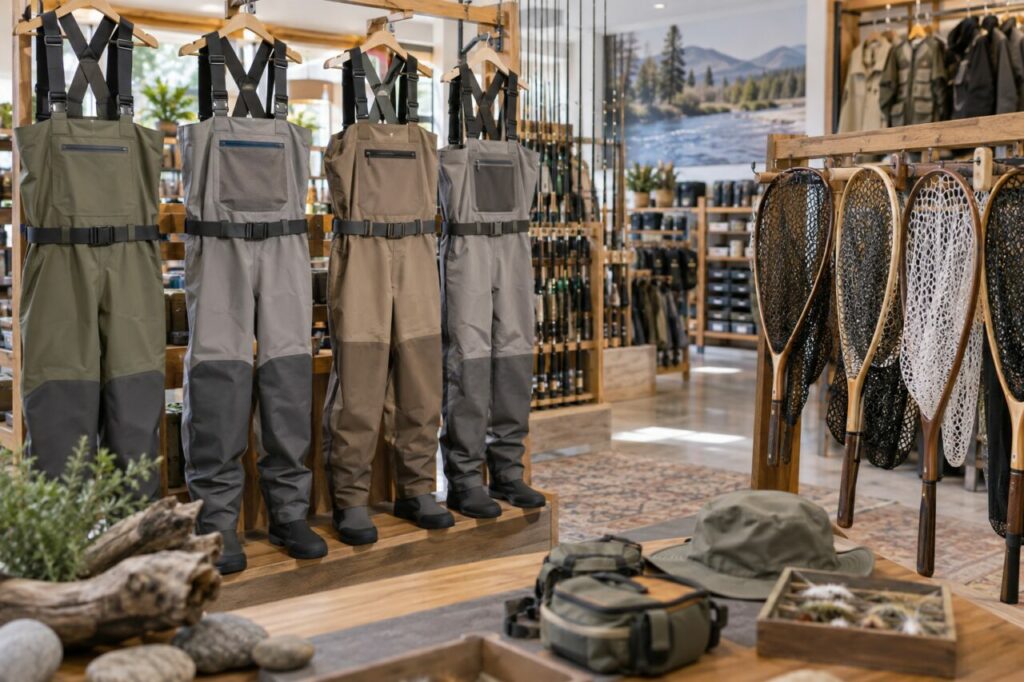 Loja independente de artigos de pesca — showing waders and landing nets