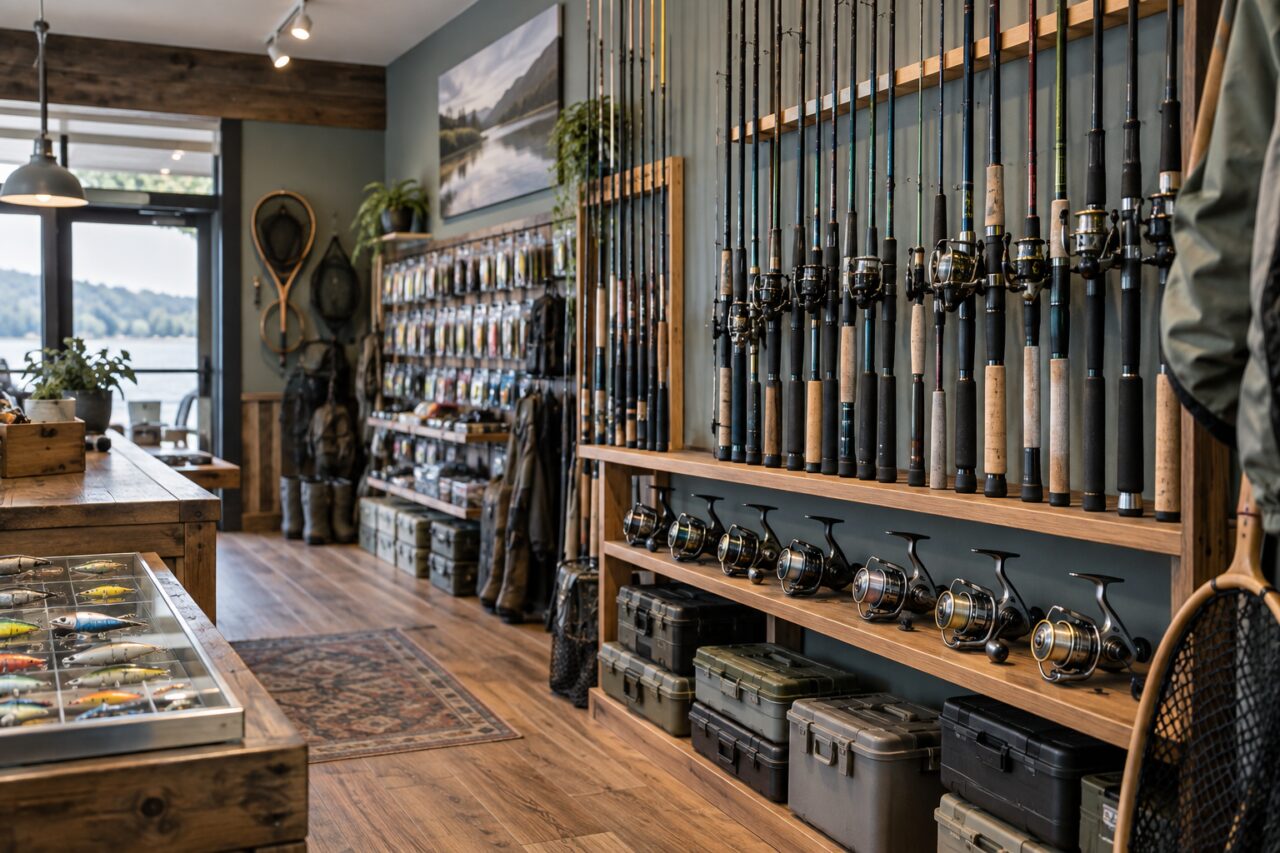 Negozio indipendente di articoli da pesca — with rods and reels on wall racks
