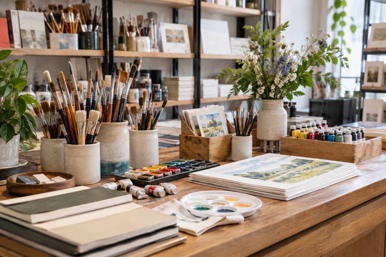 Magasin de fournitures d’art — at a bright artists’ materials counter