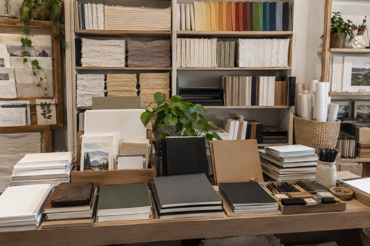 Negozio indipendente di forniture artistiche — at a paper and sketchbook display