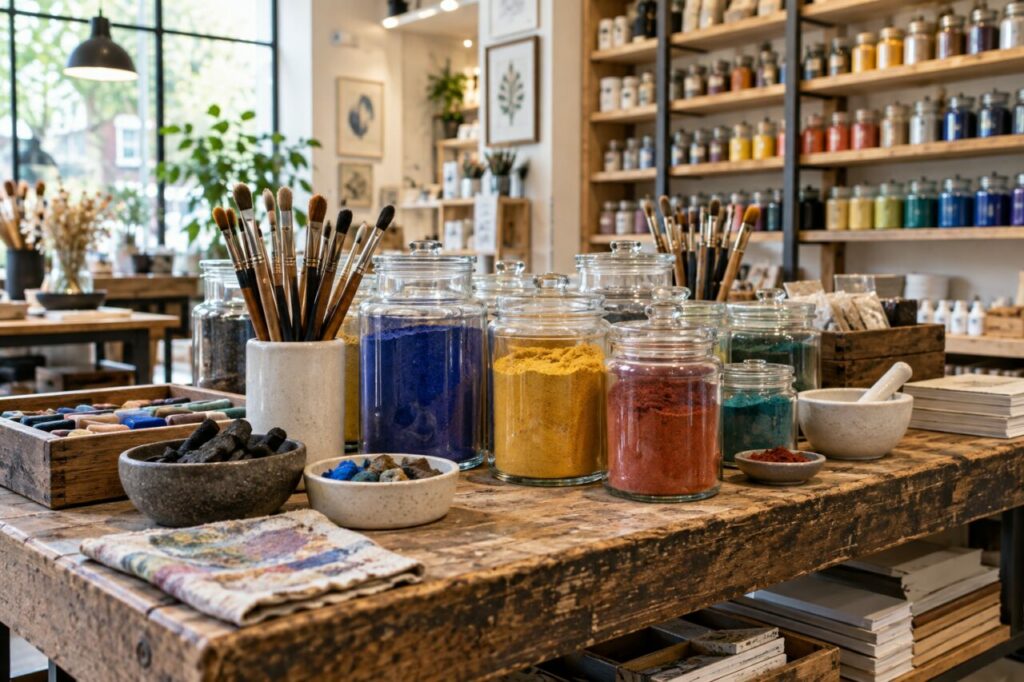 Loja independente de materiais de arte — showing jars of dry pigments