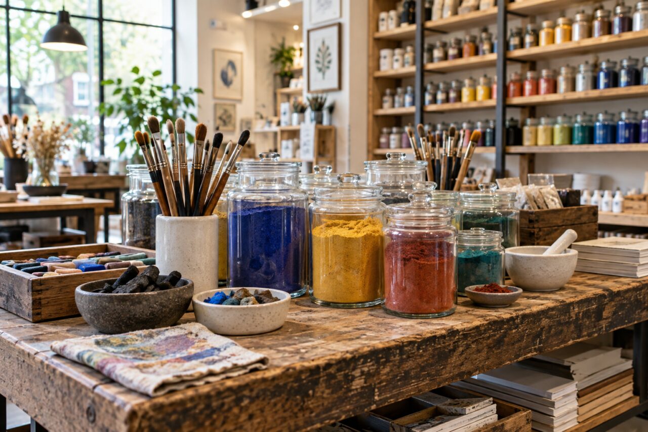 Unabhängiges Künstlerbedarfsgeschäft — showing jars of dry pigments
