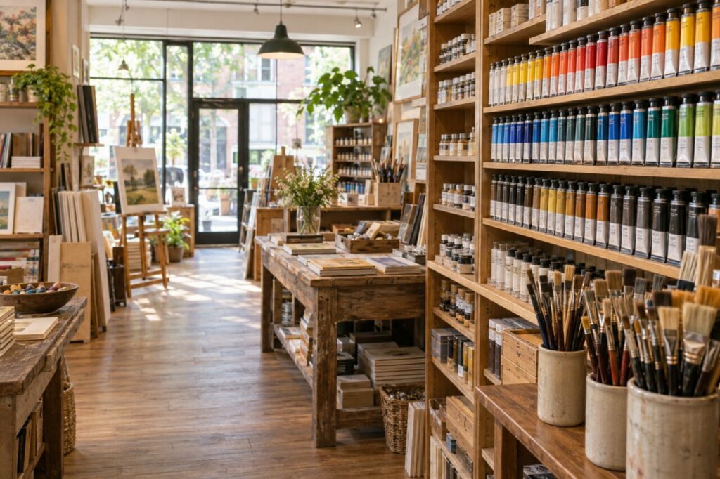 Independent art supply shop — with rows of paint tubes and brushes