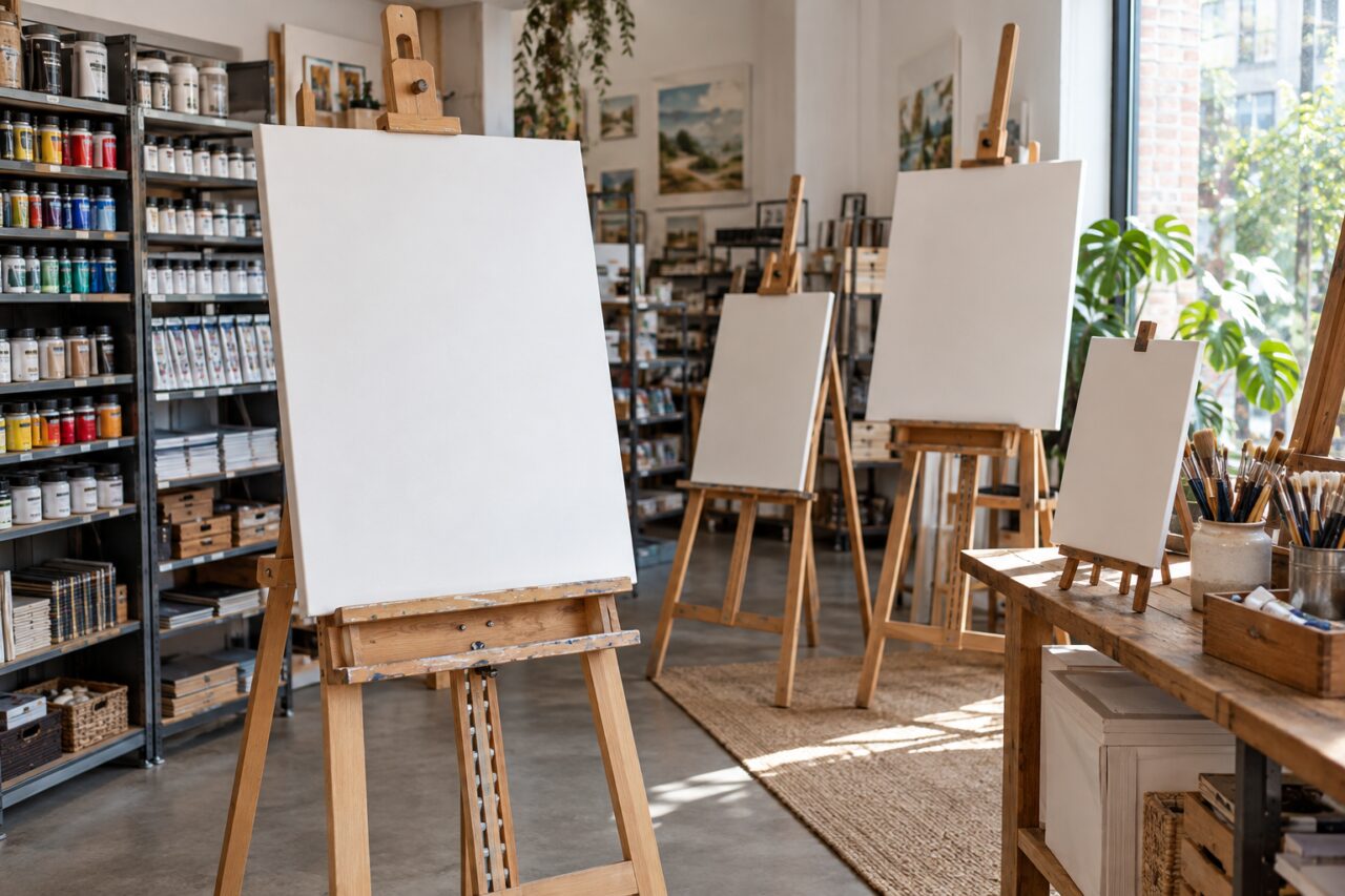 Magasin de fournitures d’art — with wooden easels and canvases