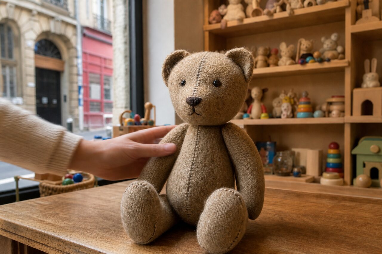 Hand adjusting a teddy bear on the counter