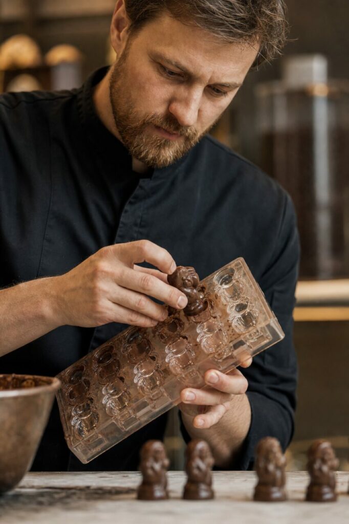 Hand des Chocolatiers beim Herauslösen einer Figur aus der Form