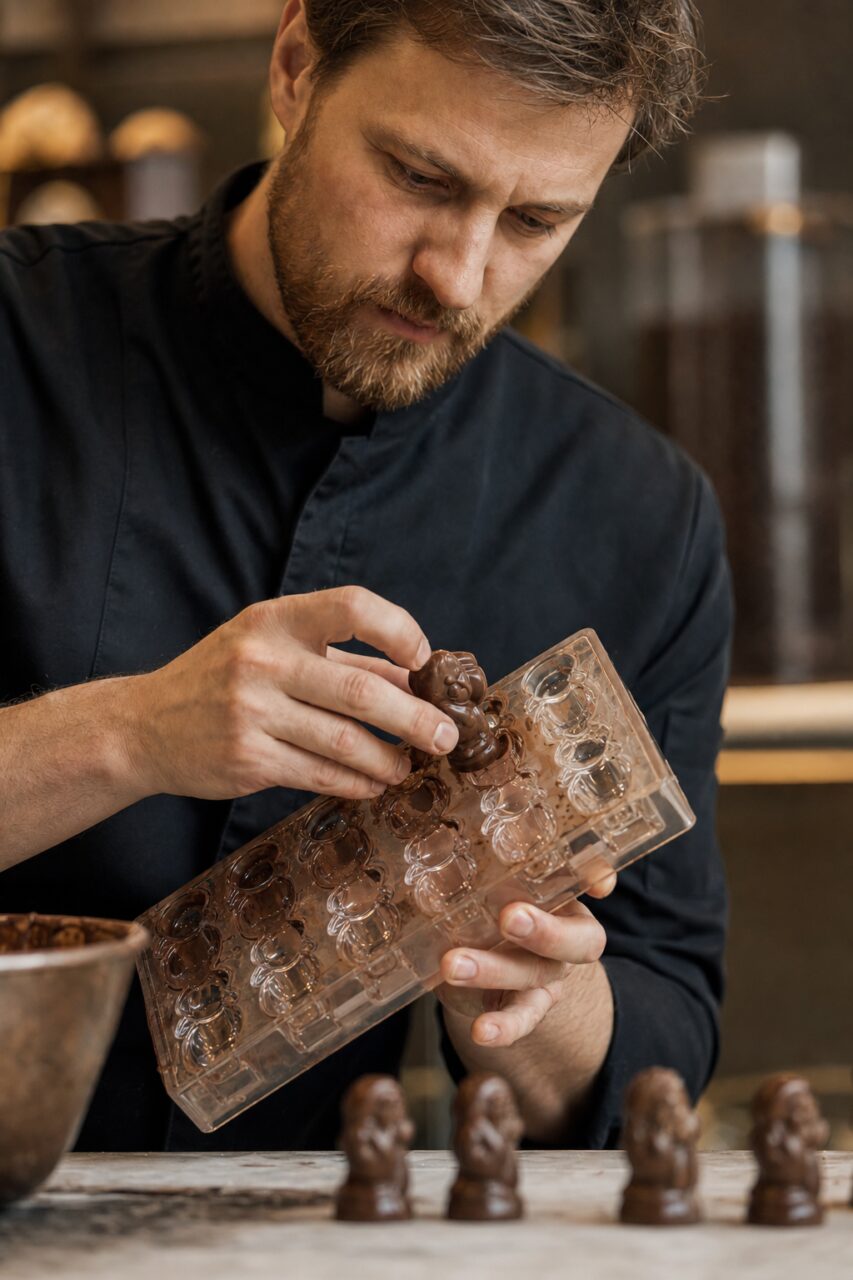 Hand des Chocolatiers beim Herauslösen einer Figur aus der Form