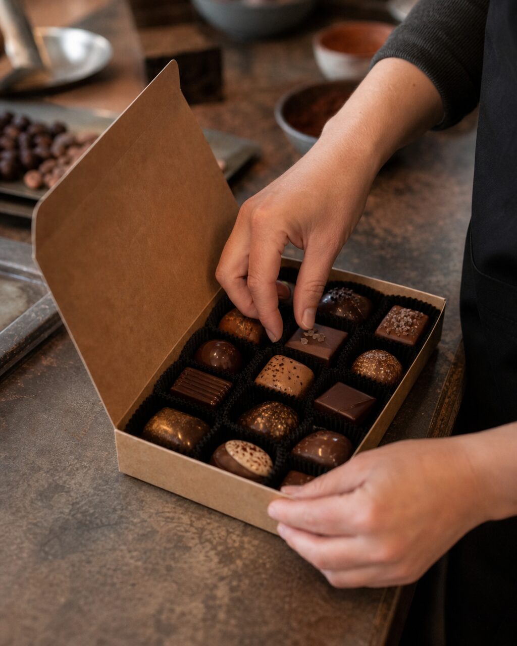 Hand wählt eine Praline aus einer Schachtel