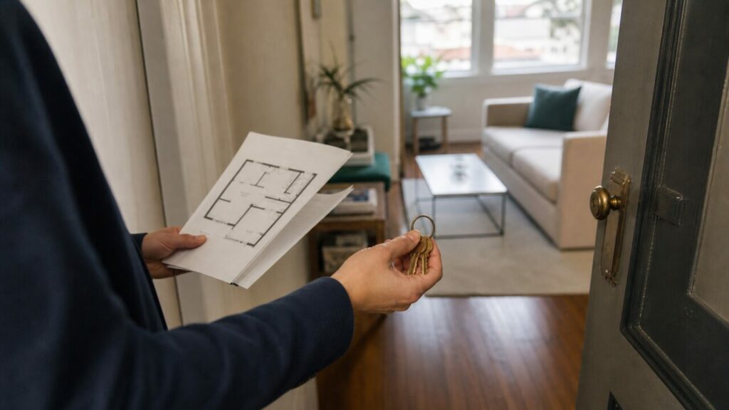 Hand met sleutels voor een appartement in San Francisco