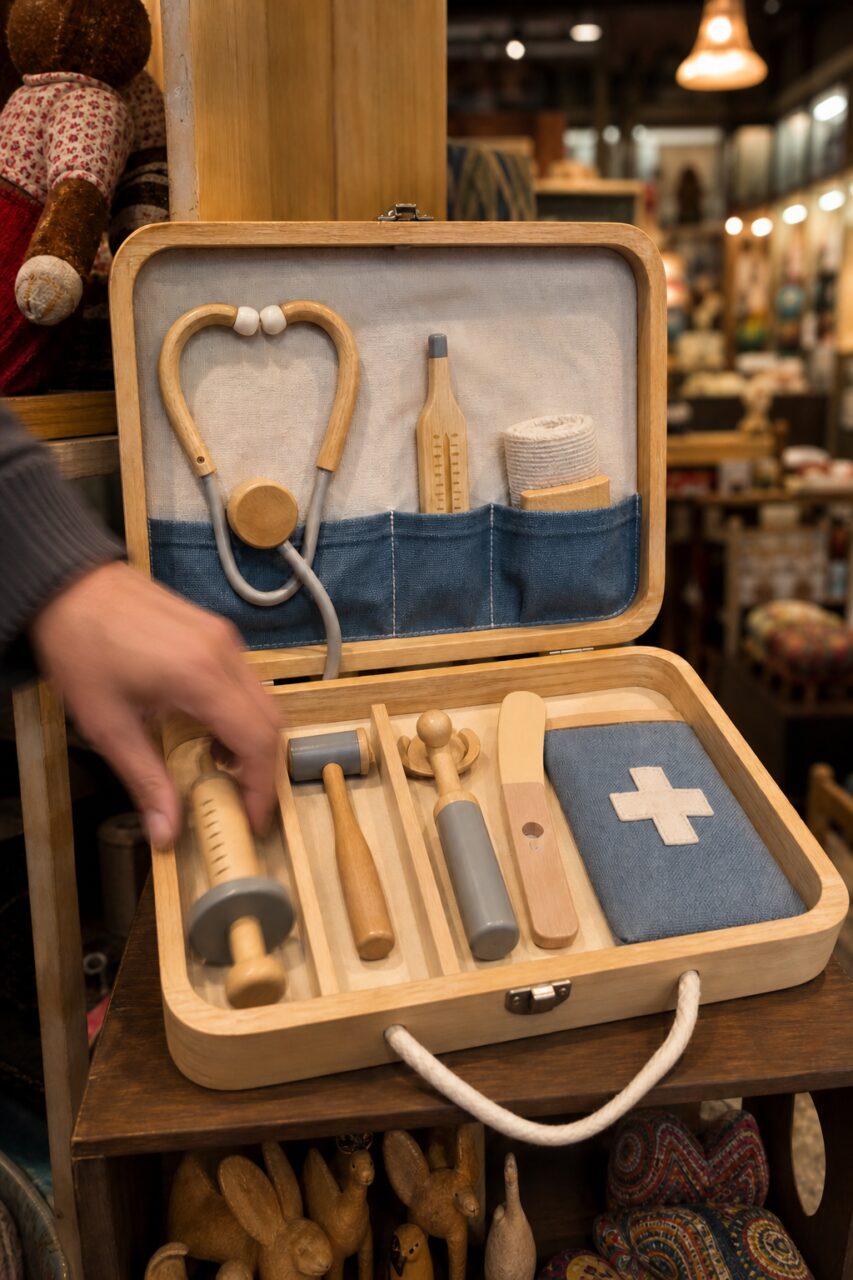 Hand touching the syringe in a toy medical case