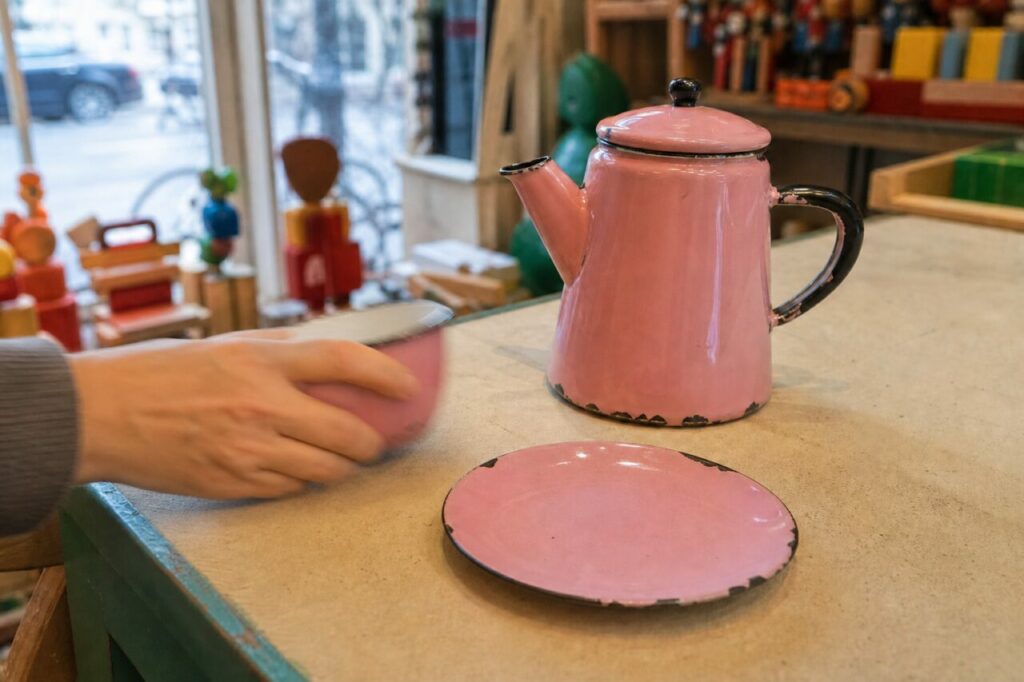 Main déplaçant une tasse rose