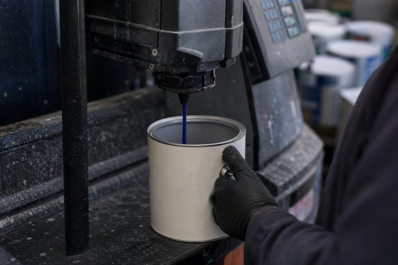 Main gantée guidant le pot sous le filet bleu