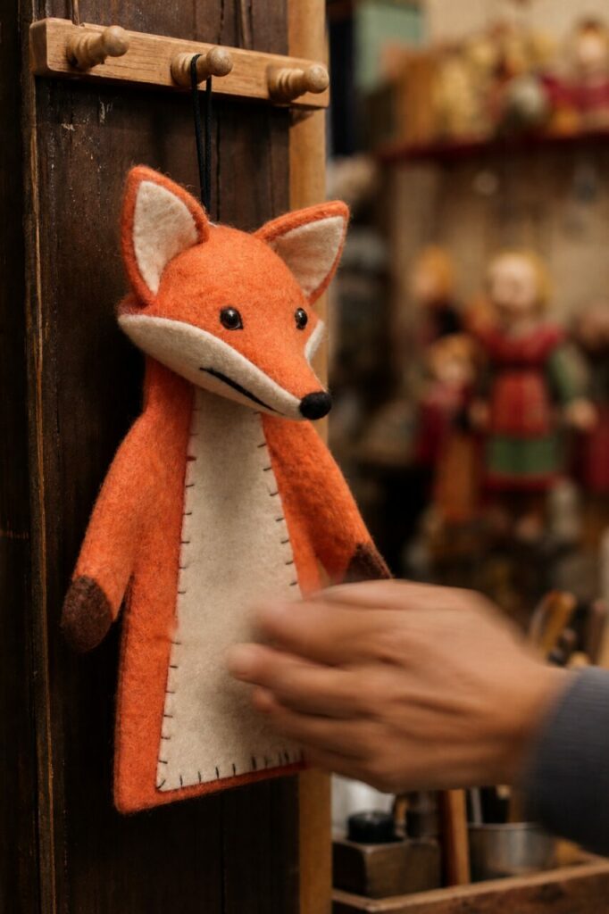 Main mettant en mouvement la marionnette renard