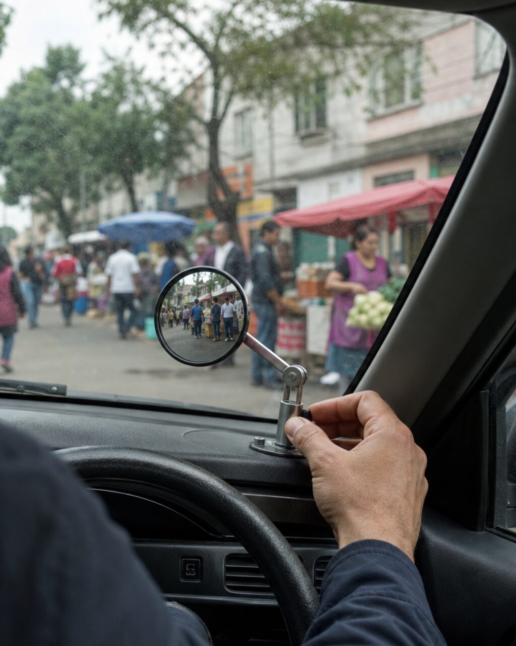 Main et miroir rond au premier plan d’une rue commerçante