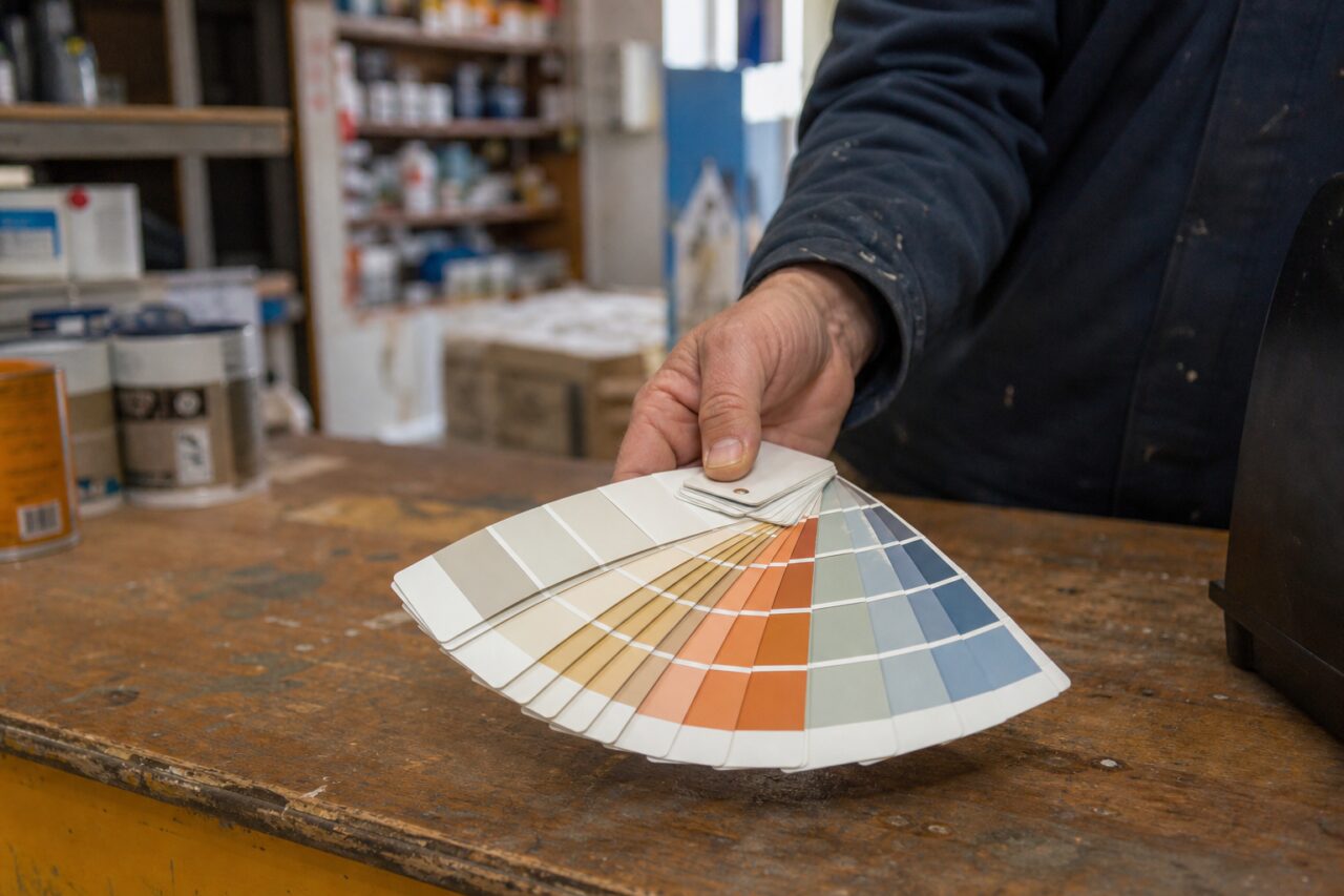 Main présentant un nuancier de peinture sur un comptoir usé