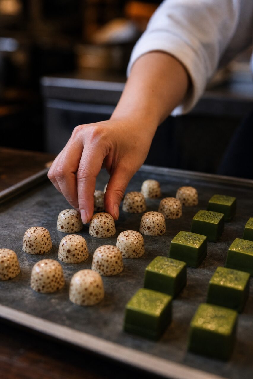 Mano che sistema un bonbon chiaro su una teglia