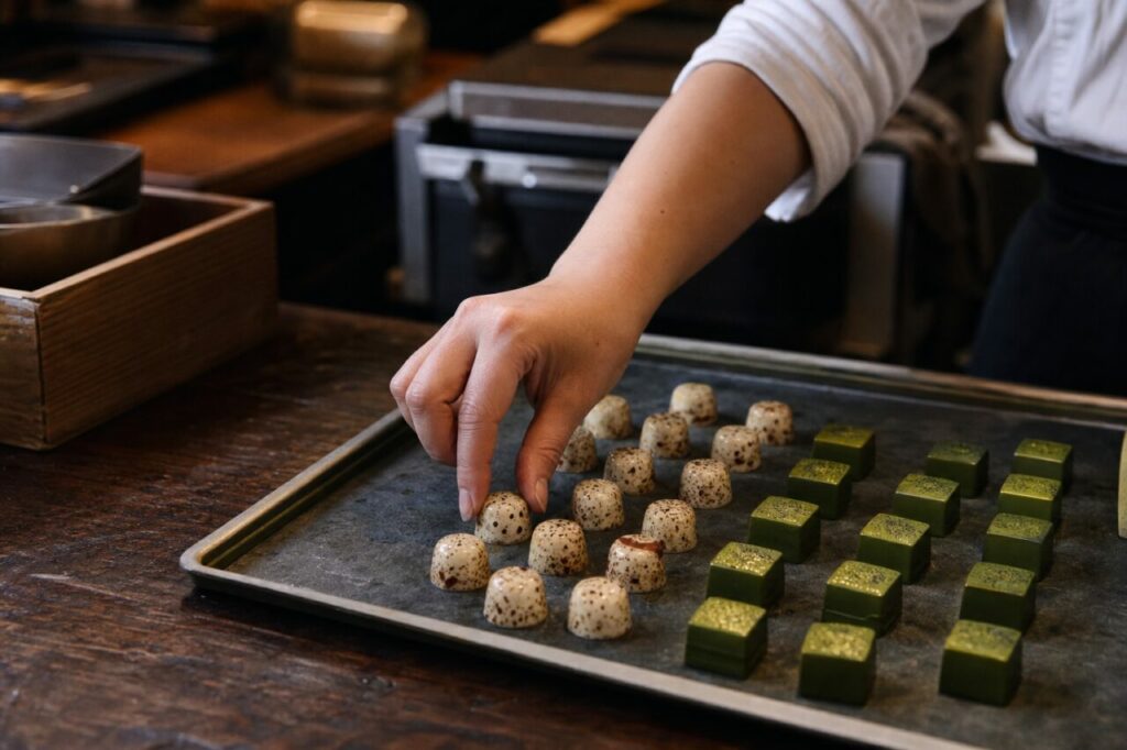 Hand legt Matcha-Pralinen auf ein Blech