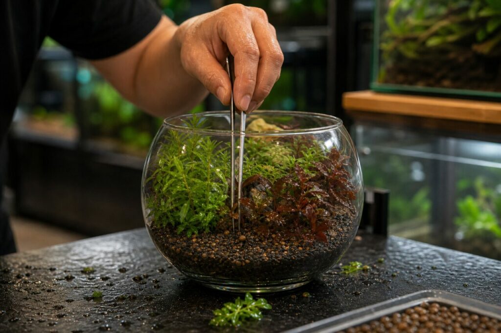 Hand plant waterplanten in een glazen kom