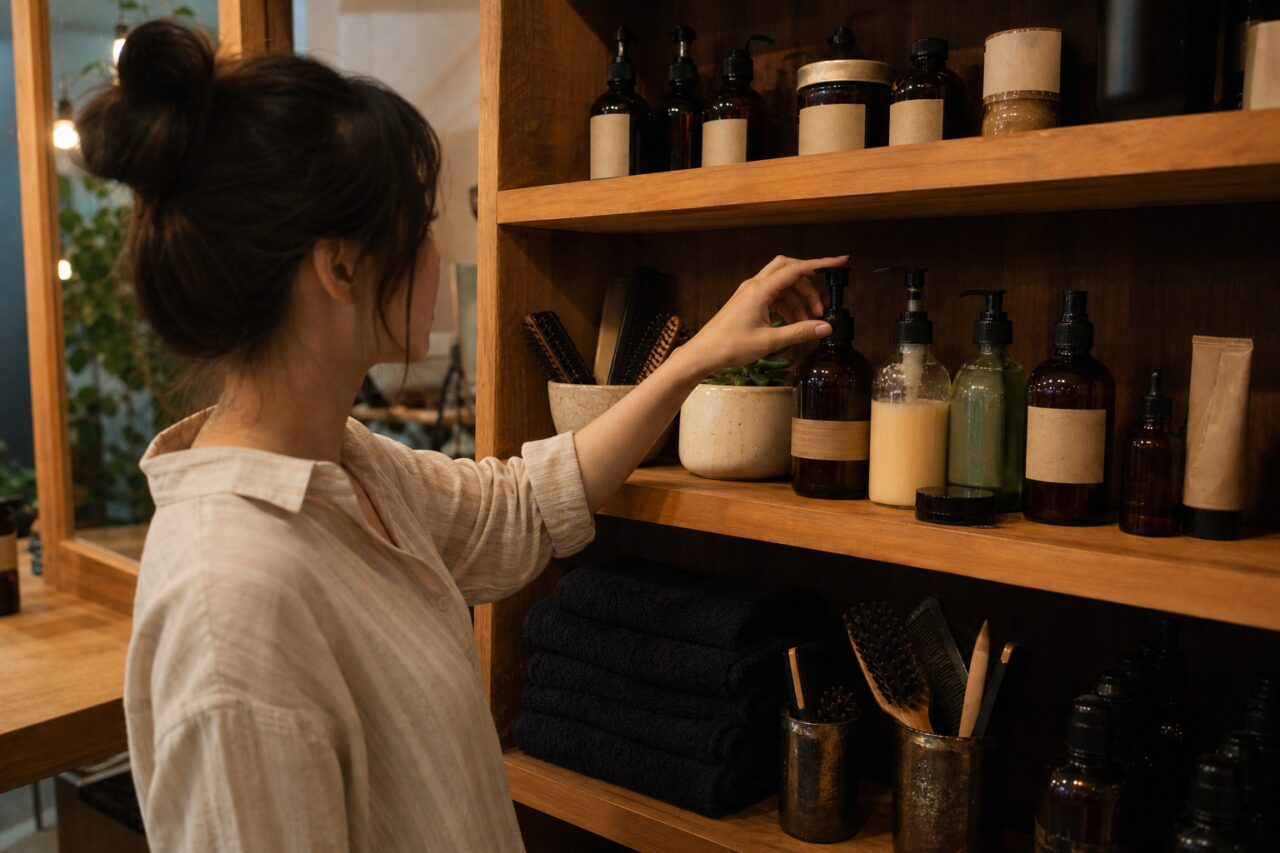 Geste vers une pompe ambrée sur le rayon du salon