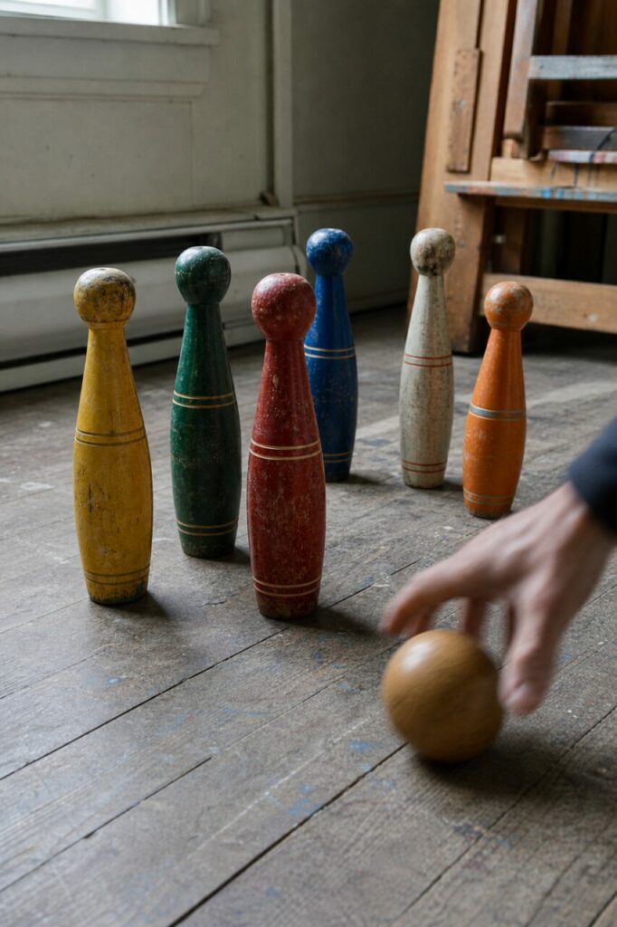 Main près d'une boule devant six quilles en bois