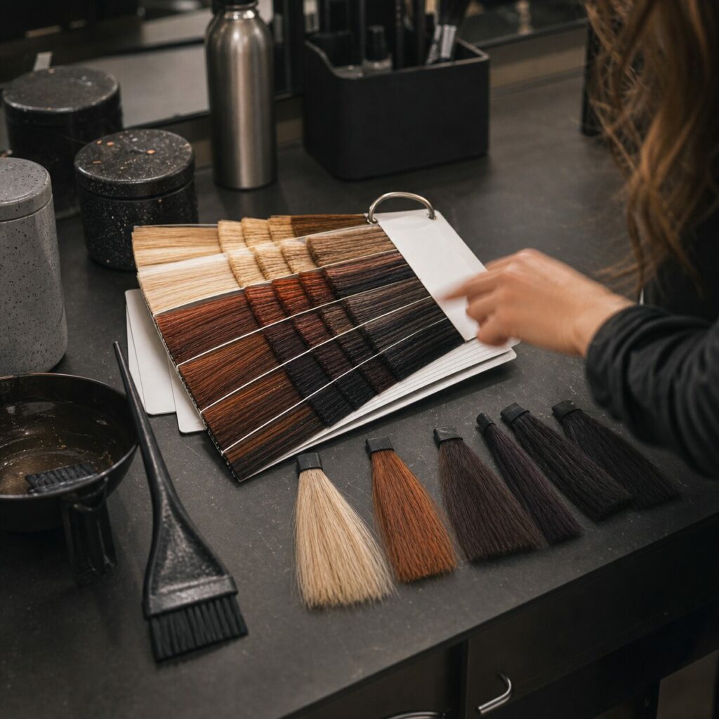 Main au-dessus du nuancier parmi les outils du salon