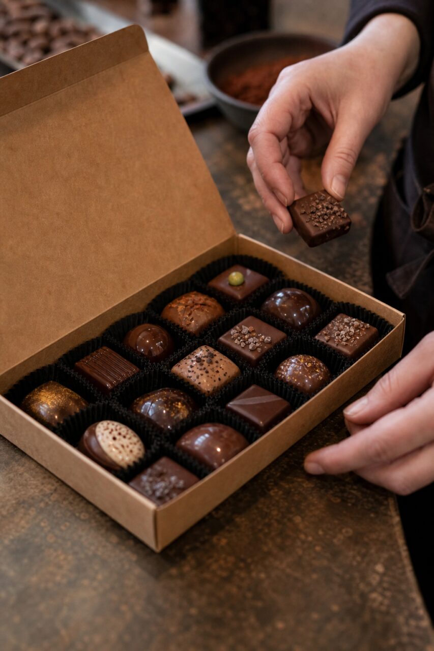 Hand tilt een versierde chocoladebonbon op