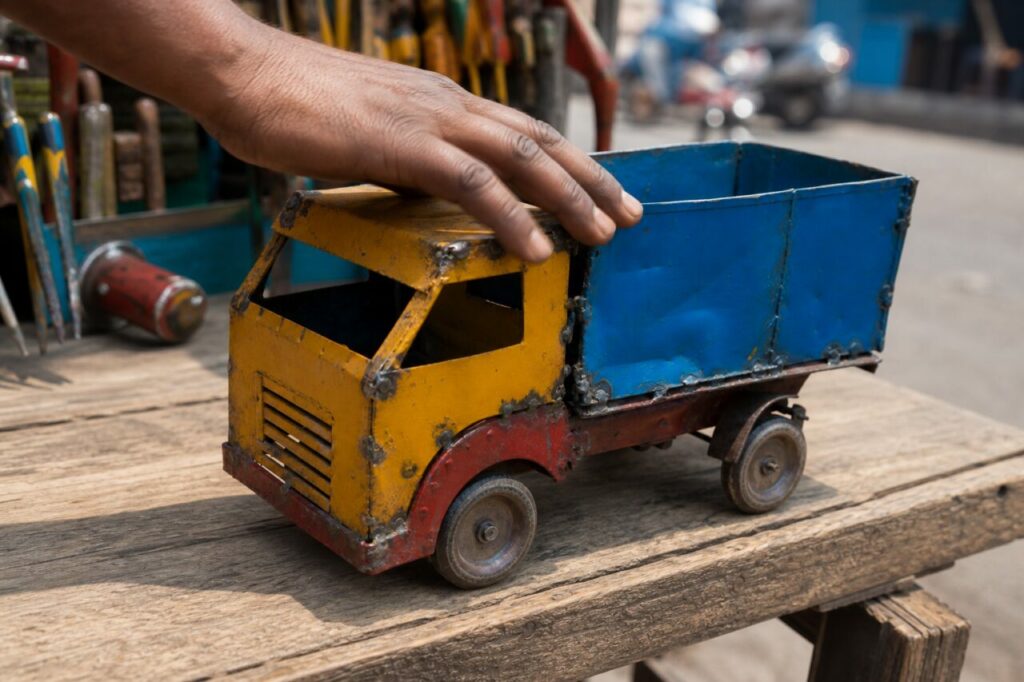 Main posée sur le toit du camion miniature